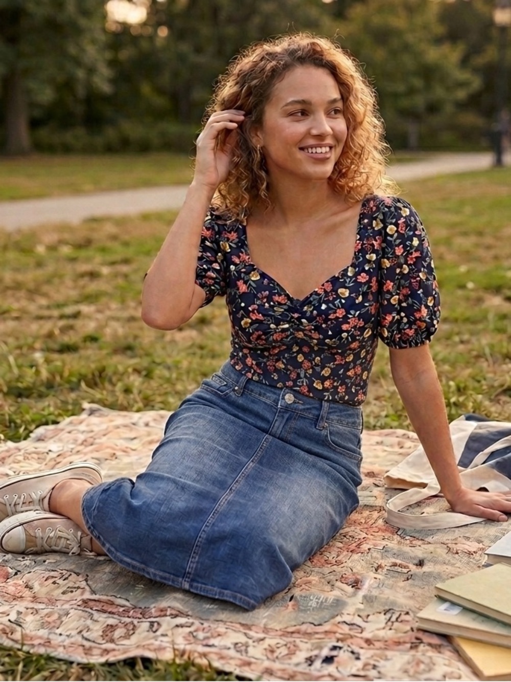 Vintage Wrapper Women’s Navy Floral Puff-Sleeve Top - small